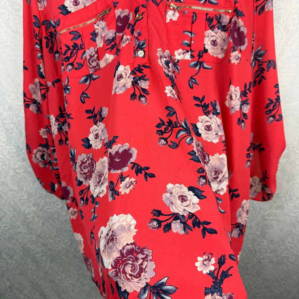 Justify Women's 2X Coral Red Floral Blouse Tunic Long Sleeve Zip Pocket Top - Picture 6 of 8